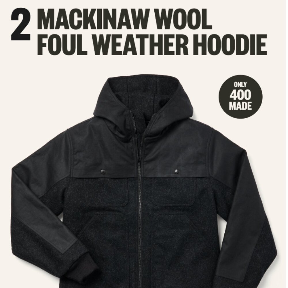 NWOT - Filson Mackinaw Wool Foul Weather Hoodie, Charcoal, Size Large